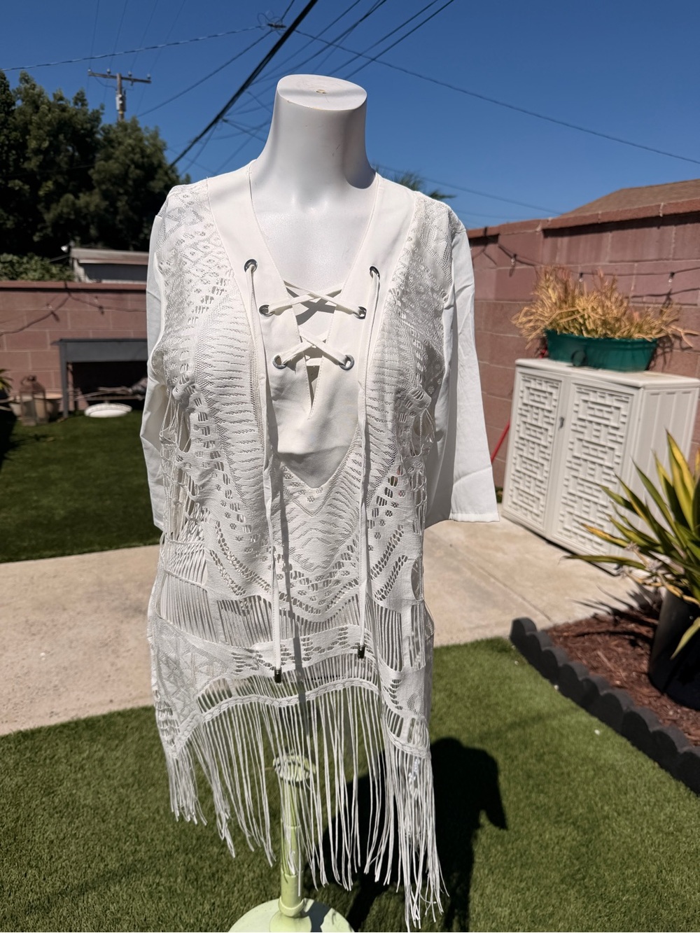 White Fringe Crochet Blouse Cover Up